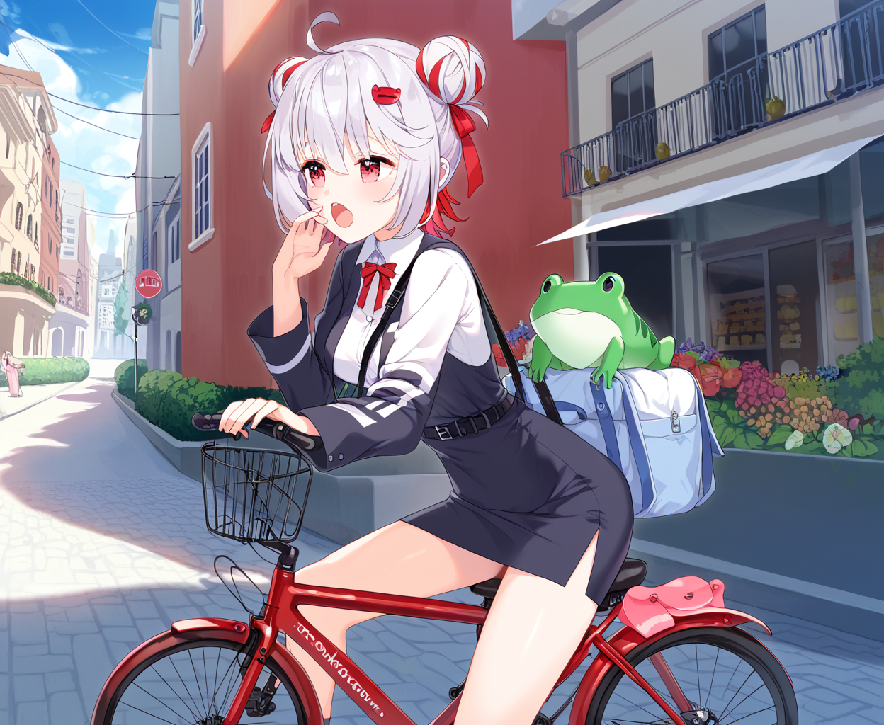 /1/score_9,score_8_up,score_7_up,rating_explicit,absurdres,unity 8k wallpaper,official art,official style,source_anime,game cg,ultra delicate hair,shiny skin,slender,<lora:tonde_pyokora_pony_v1:1>,tonde_pyokora,red eyes,virtual youtuber,multicolored hair,white hair,red hair,grey hair,hair bun,double bun,medium breasts,outdoors,business suit,pencil skirt,Morning,Sunny,Cloud city,Blowing wind effects,(sleepy:1.1),frog on bicycle,place her hand on the steering wheel,yawn,(city bicycle:1.1),<lora:suit skirt_pony_V1.0:1>,sit in the saddle,