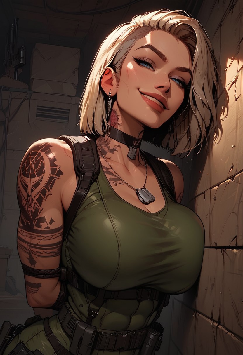 Score_9, Score8_up, Score_7_up, (((High Resolution, Best Quality))), 
1girl, solo, toned arms, Covered in Tattoos, neck tattoos, hair tied up, 
revealing bodysuit, deep cleavage, tactical, military gear, large breasts, choker, dog tags, ear piece, 
seducing, seductive, flirty, tender, loving, playful, looking at viewer, smug, 
Leaning against wall, holding gun, inspecting gun,  
inside, Military, military base, military barracks, cots, crates, military boxes, guns, bullets, supplies,