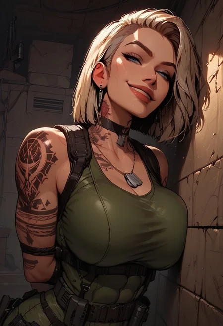 Score_9, Score8_up, Score_7_up, (((High Resolution, Best Quality))), 
1girl, solo, toned arms, Covered in Tattoos, neck tattoos, hair tied up, 
revealing bodysuit, deep cleavage, tactical, military gear, large breasts, choker, dog tags, ear piece, 
seducing, seductive, flirty, tender, loving, playful, looking at viewer, smug, 
Leaning against wall, holding gun, inspecting gun,  
inside, Military, military base, military barracks, cots, crates, military boxes, guns, bullets, supplies,