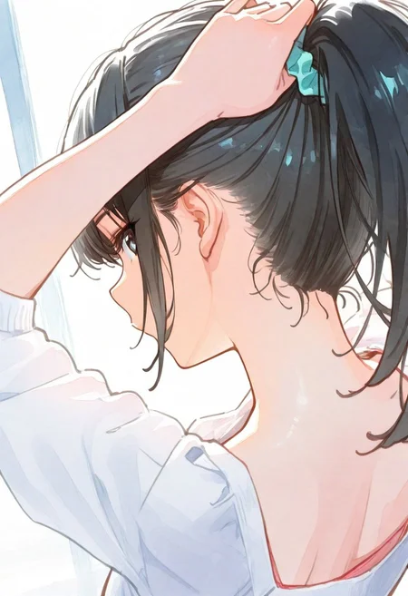 (watercolor:1.2), sketch, 1girl, back view, from above, head tilt, long hair, black hair, tying hair, ponytail, arms up, aqua scrunchie, looking at viewer, indoors, close-up, simple background, dutch angle, dynamic angle, stylish pose, fashion pose, dynamic lighting, masterpiece, best quality, ultra-detailed, best illustration,