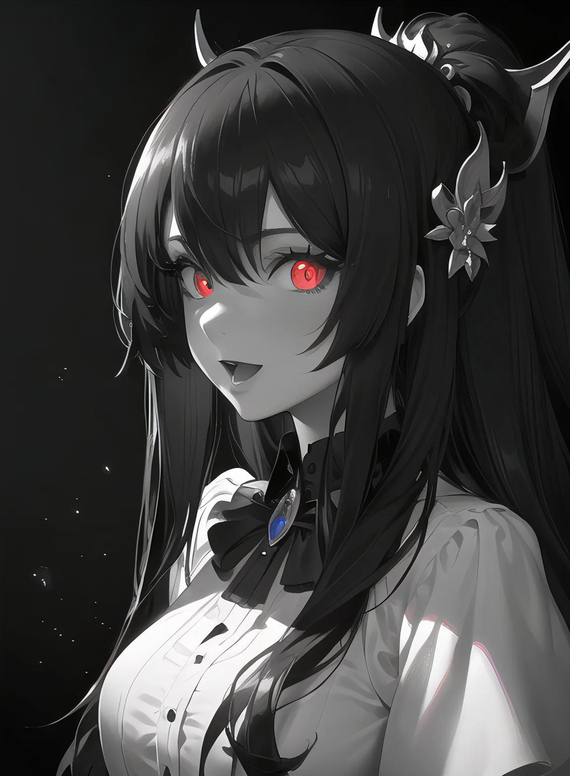 (masterpiece, best quality, ultra-detailed, best shadow), hyper detail,best illumination,8K,
long hair,shiny hair,(hair flaps),red eyes,:d,shaded face,collared dress,sparkling eyes,kanzashi,
close-up, trending on ArtStation,(monochrome:1.3),