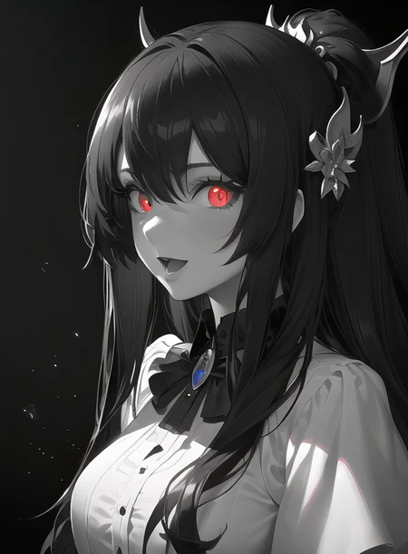 (masterpiece, best quality, ultra-detailed, best shadow), hyper detail,best illumination,8K,
long hair,shiny hair,(hair flaps),red eyes,:d,shaded face,collared dress,sparkling eyes,kanzashi,
close-up, trending on ArtStation,(monochrome:1.3),