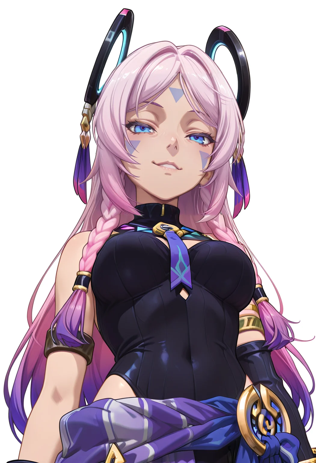 Smooth Quality,masterpiece, absurdres, best quality,anime artwork, anime style, studio anime,
from below,
simple background, white background, disgust,seductive smile,
, medium breasts,
<lora:CitlalÃ_IL:0.8> citlalÃ_il, solo, long hair, braid, pink hair, purple hair, multicolored hair, gradient hair, blue eyes, facial mark,
black gloves, fingerless gloves, elbow gloves, asymmetrical gloves,purple nails, jewelry, bracelet, armlet, bangle, ring, headgear, hair ornament, twin braids, side braid, parted bangs,
sleeveless dress, skirt, clothes around waist, detached sleeves, sleeveless shirt, black leotard,
