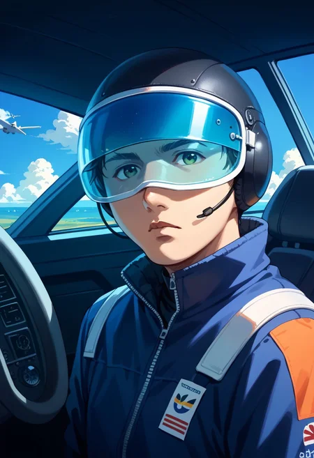 Score_9, score_8_up, score_7_up, score_6_up, 1boy, bpbshin, flight suit, standing next to aircraft, portrait, solo, hair over one eye helmet,  cockpit,  visor down