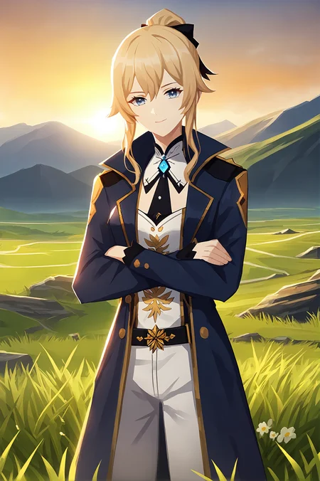 score_9,
<lora:library_of_ruina_v1_pruned:0.8>,
jean \(genshin impact\),
1girl, solo,
cowboy shot,
crossed arms,
looking at viewer,
coat on shoulders,
outdoors, landscape, grass, sunrise,
light smile, looking at viewer,
high resolution, Masterpiece, detailed
