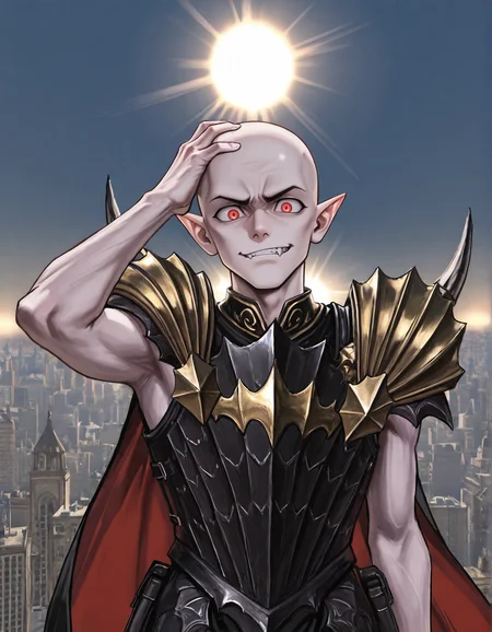 (2D,masterpiece,best quality,amazing quality,very aesthetic,high resolution,looking at viewer,ultra-detailed,1 boy,solo,source_anime,cute,lovely,sun, sunlight,city,azure sky),Mannfred von Carstein,vampire,bare arms,armor,gold shoulder armor,cape,shine bald,pale skin,glowing red eyes,short_pointy_ears,spike,fang,(hand_on_own_head:1.2),<lora:Mannfred_von_Carstein:1>, <lora:ValbunStyle-IL:0.4>