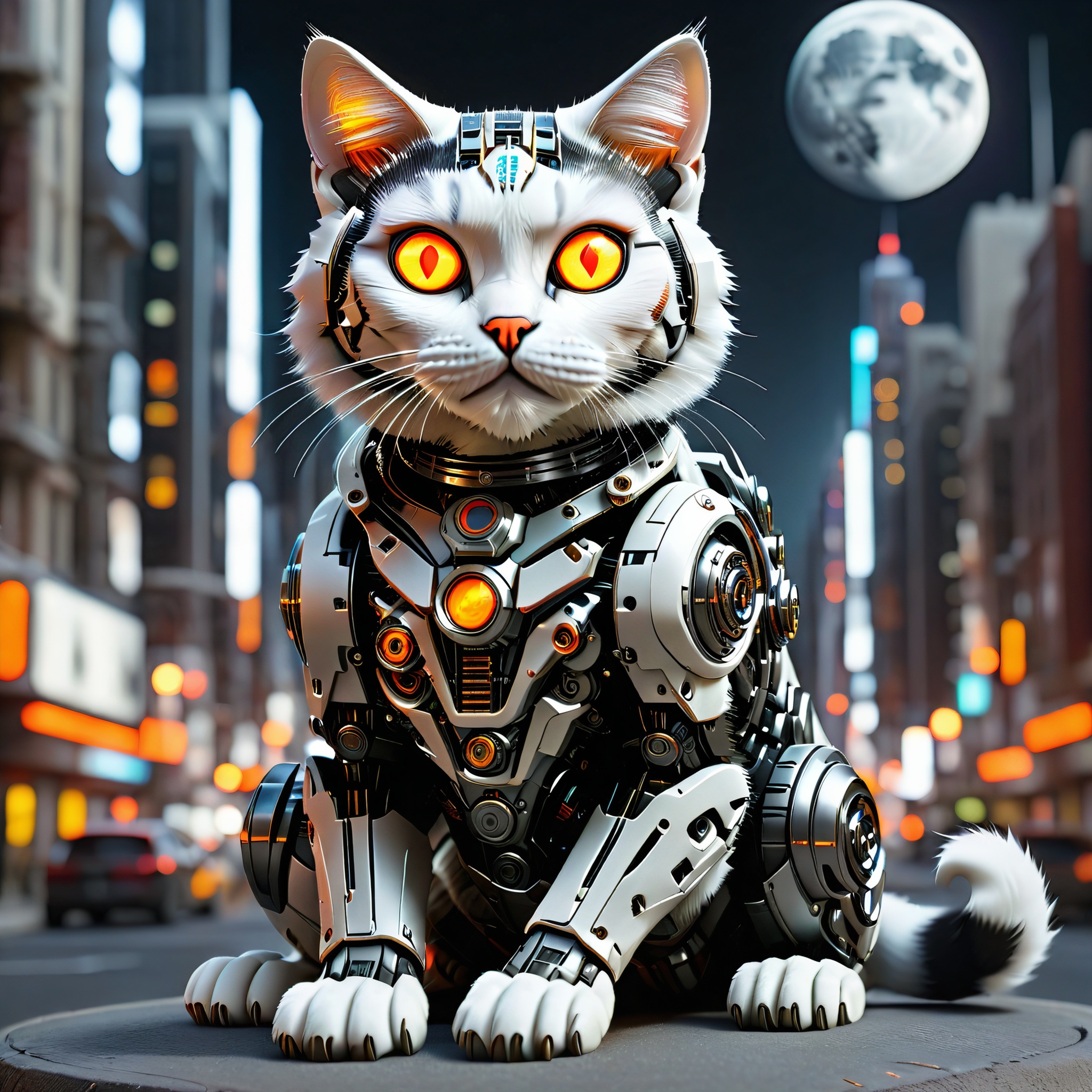 sitting hybrid full bio-mechanical cat with black and white fur and orange glowing eyes in the streets of a futuristic mega city on the moon
