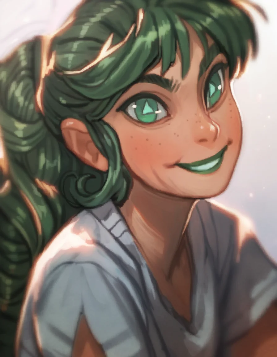score_9, score_8_up, score_7_up, score_6_up, score_5_up, score_4_up, source_anime,  MaggieLacivi, green hair, green eyes, soft smile, portrait