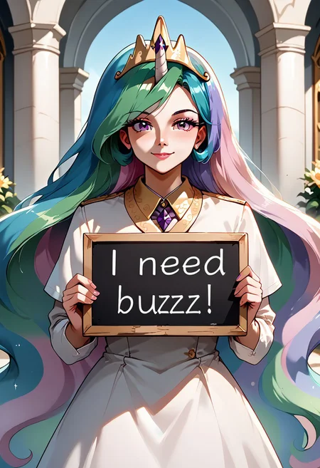 Princess Celestia Humanized, Multicolored hair, purple eyes, crown, white horn, long white dress, need_buzz, holding sign