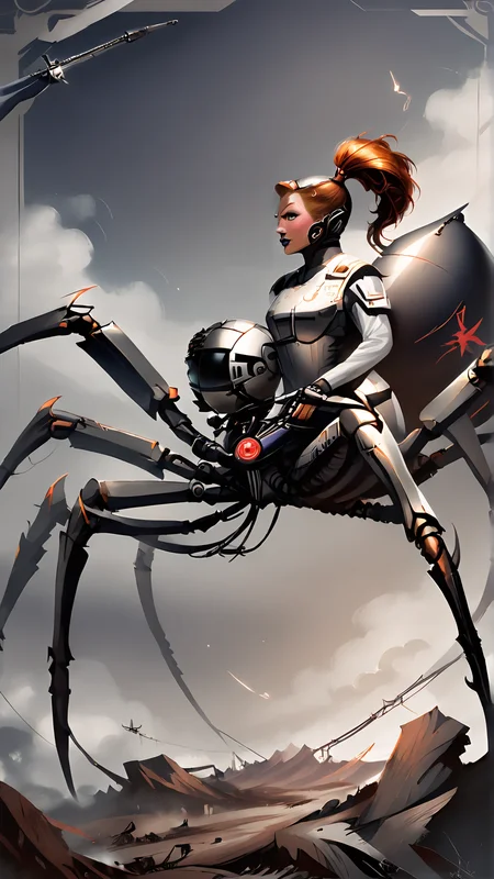 <lora:4r4chn1dPony:0.75>, score_9, score_8_up, score_7_up, score_6_up, fantasy 4r4chn1d, concept art, digital art, realistic, detailed face, solo, arachnid, man desktop wallpaper, official_wallpaper, atmospheric, warrior, blushing, combat stance, holding a weapon, auburn hair, Black skin, Jheri curls, <lora:Smooth Anime 2 Style SDXL_LoRA_Pony Diffusion V6 XL:0.8>, in location robotic assembly line, (Masterpiece:1.3) (best quality:1.2) (high quality:1.1)