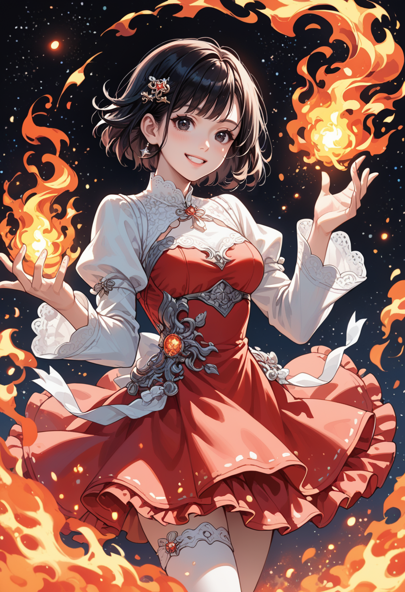 score_9, score_8_up, score_7_up, source_anime, perfect anatomy, ((outlined outlined vector graphics)), ,cute face, ,,cowboy shot, starry night, clothed, sleeves,
1girl, ,20yo, black hair, black eyes, short bob hair, hair pin,mdeium  breast, slender,(white thigh strap:1.1),(black clohtes:1.1),,fantasy,,  standing ,  action pose ,glittering, glimmering,open eyes  ,smile beam, dress, rainbow,skirt,inferno, red inferno <lora:inferno-tasuki-001:1>