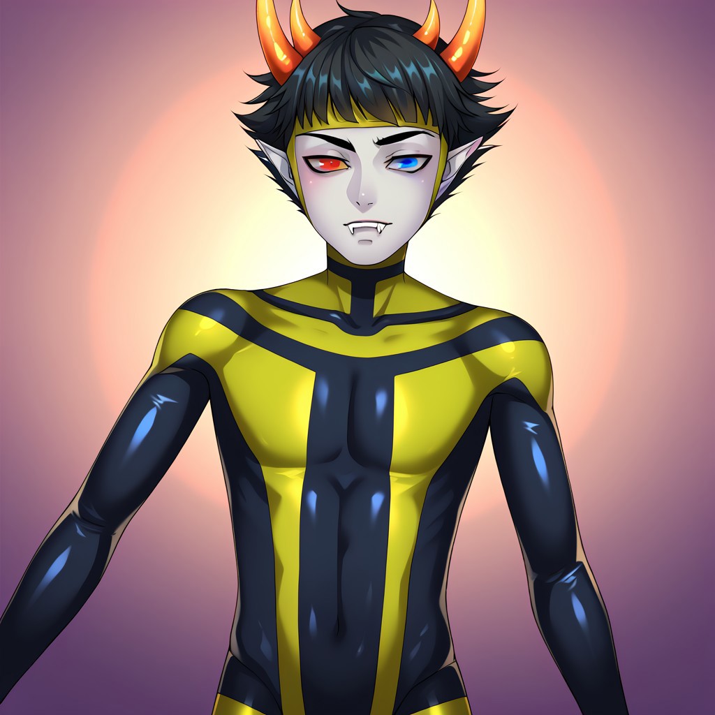 1boy, psii, grey skin, male focus, solo, black hair, horns, short hair, heterochromia, red eyes, blue eyes, bodysuit, fangs,