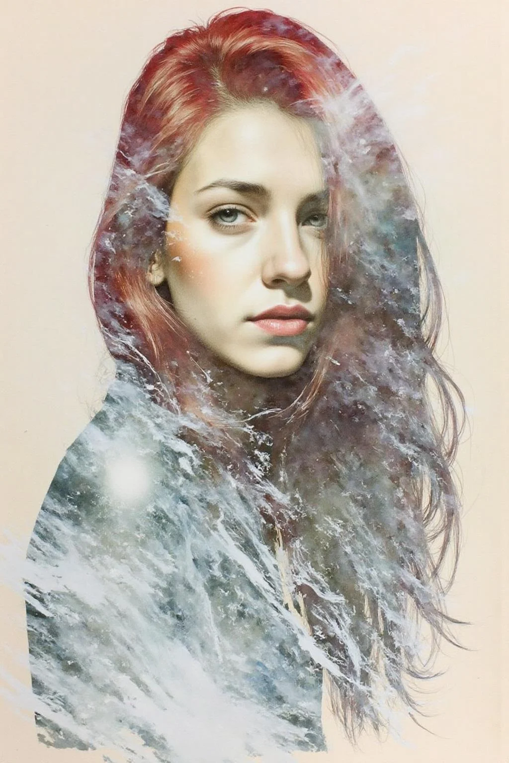 Portrait painting.
A woman with long, flowing red hair. Her face and body blend seamlessly with swirling smoke and white streaks. <lora:doubleexpopainting1_cap_d6a3e13:1.0><lora:850319776235451595:0>