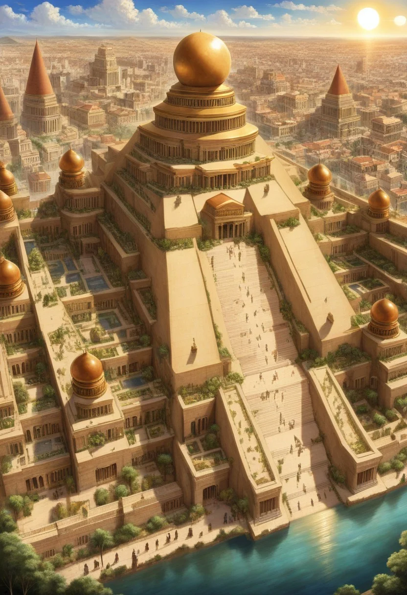 prefect lighting,very aesthetic,best quality,
intricate details,highly detailed background,(masterpiece:0.9),high quality, masterpiece,best quality,ultra-detailed,  shorx1, st_babylon, cityscape, building, sun, day, walls, trees, river, clouds
