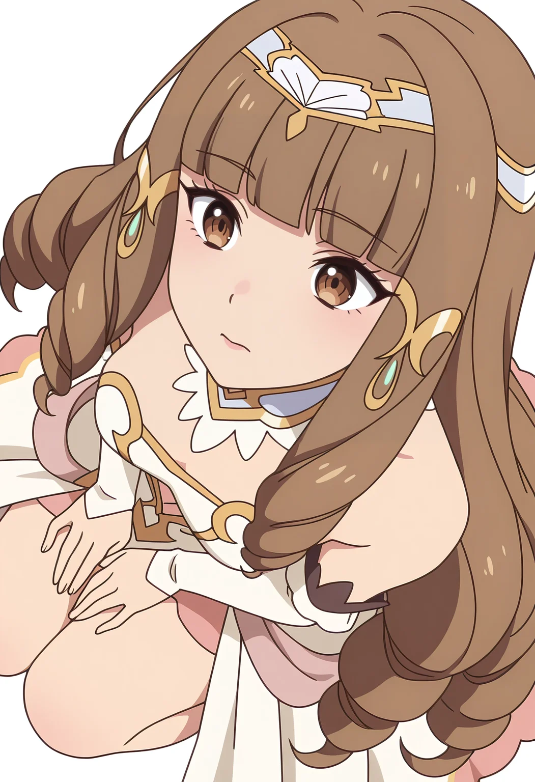 Smooth Quality,masterpiece,very intricate, high quality details, ultra realistic, high detailed skin,detailed enviorement,
white background, simple background, 
sideways,d:,clenched hand,kneeling, hands on thighs, head slightly tilted, neutral expression, focused gaze,  ,
 <lora:Klyrode_Elizabeth_Cinabrio:0.8> klyrodeelizabeth/cnn, 1girl,brown hair, long hair,brown eyes, blunt bangs, very long hair,
drill hair, princessdress/cnn, tiara,jewelry,hair ornament,