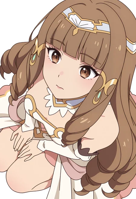Smooth Quality,masterpiece,very intricate, high quality details, ultra realistic, high detailed skin,detailed enviorement,
white background, simple background,
sideways,d:,clenched hand,kneeling, hands on thighs, head slightly tilted, neutral expression, focused gaze, ,
<lora:Klyrode_Elizabeth_Cinabrio:0.8> klyrodeelizabeth/cnn, 1girl,brown hair, long hair,brown eyes, blunt bangs, very long hair,
drill hair, princessdress/cnn, tiara,jewelry,hair ornament,
