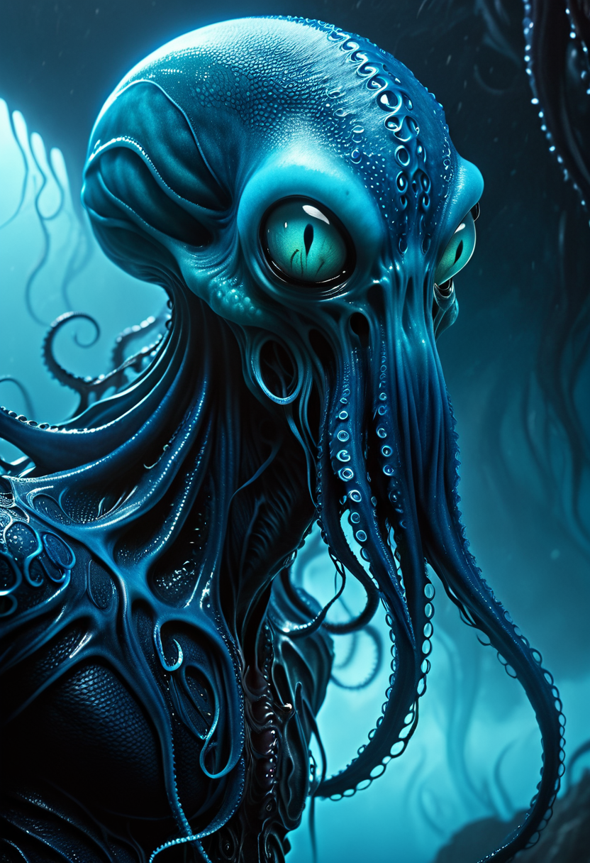 dark, leathery skin, elongated cranium, slender, alien physique, dark fantasy gothic, close-up shot emphasizing tentacled face, misty, otherworldly void, tentacled face, deep blue bioluminescent glow, head tilted unnaturally, sensing thoughts, four long tentacles extending from mouth fantasy_random_lora, realistic, uhd, 8k, masterpiece, intricately detailed, cinematic, best quality, absurd resolution, fantasy art, fantasy race concept, artfully_mindflayer,  <lora:artfully_MINDFLAYER_SDXL:0.8>