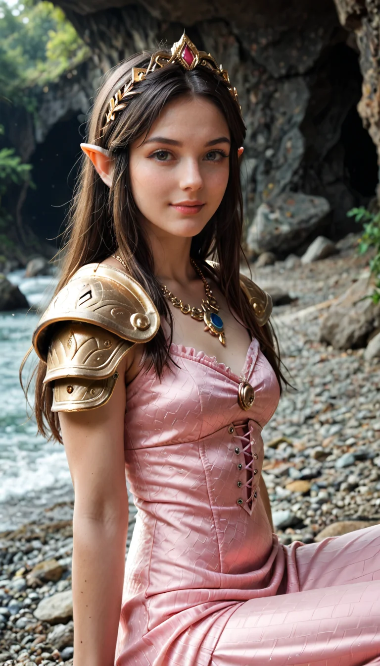 score_9, score_8_up, score_7_up, Raw Photo, Portrait, Zelda, cute, seductive, innocent, light smile:0.3, plump lips, slender body, ankle-length pink dress, jeweled tiara, golden shoulder pads, a gold chain as a necklace, vibrant, fantasy, epic, heroic, cave background, depth of field, dynamic angle, photo realistic:1.4, realistic skin:1.4, fashion photography, sharp, analog film grain, hyperdetailed:1.15