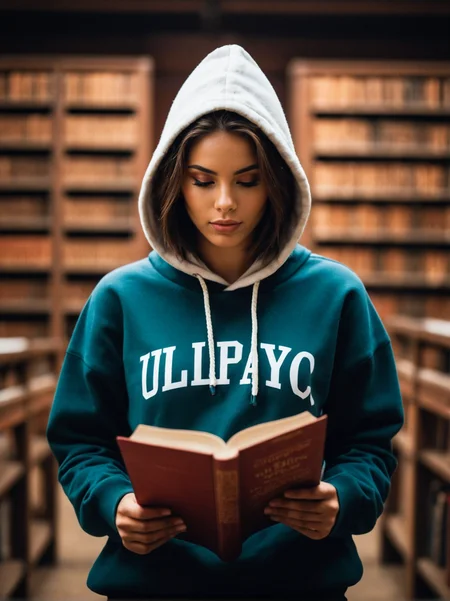 A dynamic cinematic photograph of Anna_Bianchi_P_MXAI_SDXL , intense expression, wearing shorts and a hoodie, reading a book in a huge old library, full body shot,, SK_CINEMATIC, ziprealism