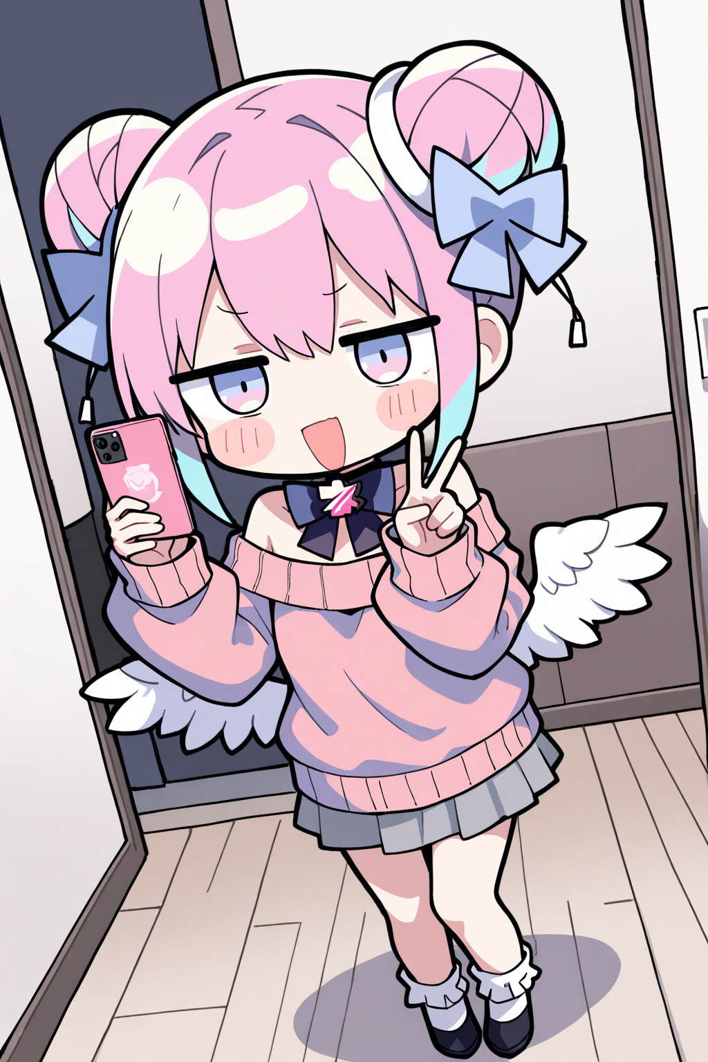 1girl, solo, dutch angle, full body,
dadadada_tenshi,
dadadada_tenshi_1st_costume,
chibi, cute, utaite,
short hair, double bun, hair ornament, hair bow, blue bow,
pink hair, multicolored hair,
medium bangs, hair between eyes,
looking at object,
false smile, sweatdrop,
(open mouth:0.8),
jitome, pink eyes, multicolored eyes, blue eyes,
sidelocks,
blush stickers,
bow choker, black bowtie, gem,
off-shoulder sweater, pink sweater,
holding phone, selfie, v, pose,
long sleeves, sleeves past wrists, puffy sleeves,
low wings,
miniskirt, grey skirt,
white socks,
simple background, indoors, room,
<lora:kp_DadadadaTenshiAnimagineXL_v1_0:1.0>
masterpiece, high score, great score, absurdres,
ultra-detailed, high resolution,
thick outlines, black outline,