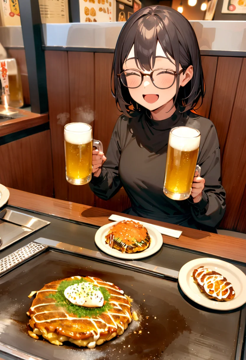 masterpiece, best quality, very aesthetic, absurdres,
1girl, glasses, black hair, open mouth, eating, holding beer mug, holding TEKOKOTE, closed eyes, pov across table, sitting, plate, table, scenery, okonomiyaki, Teppan, food, TEKOKOTE, restaurant, beer mug, holding, smile, indoors,
<lora:okonomiyaki_SDXL_V4:1>