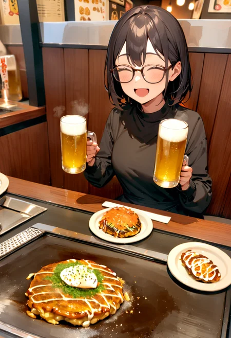 masterpiece, best quality, very aesthetic, absurdres,
1girl, glasses, black hair, open mouth, eating, holding beer mug, holding TEKOKOTE, closed eyes, pov across table, sitting, plate, table, scenery, okonomiyaki, Teppan, food, TEKOKOTE, restaurant, beer mug, holding, smile, indoors,
<lora:okonomiyaki_SDXL_V4:1>