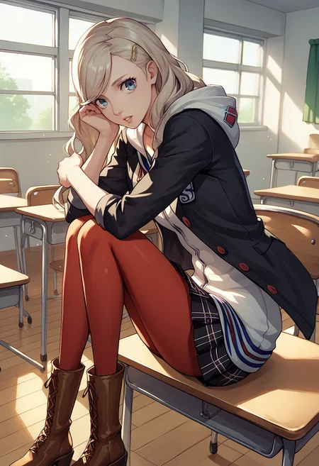 score_9, score_8_up, score_7_up, source_anime, 1girl, sitting, hugging own legs, from side, looking at you, parted lips, BREAK <lora:AnnP5-pdxl:1>defAnn, long hair, hair down, school uniform, black jacket, white hoodie, hood down, plaid skirt, red pantyhose, brown boots, indoors, desk, window, wooden floor