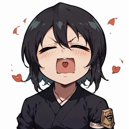 score_9,score_8_up,score_7_up,score_6_up,score_5_up,score_4_up, AyanamiBarrageMeme, chibi, closed eyes, open mouth, > <, heart in mouth, rukiaSDXL, black hair, black eyes, short hair, hair between eyes, japanese clothes, black kimono, armband, rose petals, holding a rose, face focus, white background
