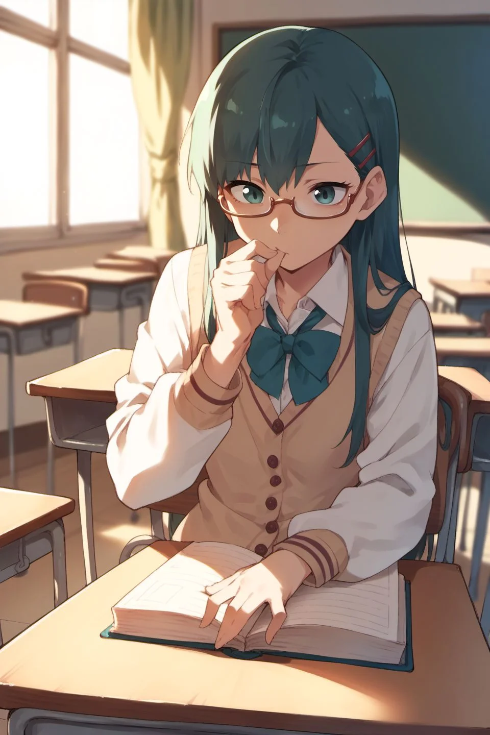 <lora:ava_choco_takemura_sessyu_style-000005:0.8>, tak3mura_s3ssyu,
1girl, long_hair, school_uniform, holding_book, glasses, classroom,
score_9, score_8_up, score_7_up, score_6_up, score_5_up, score_4_up