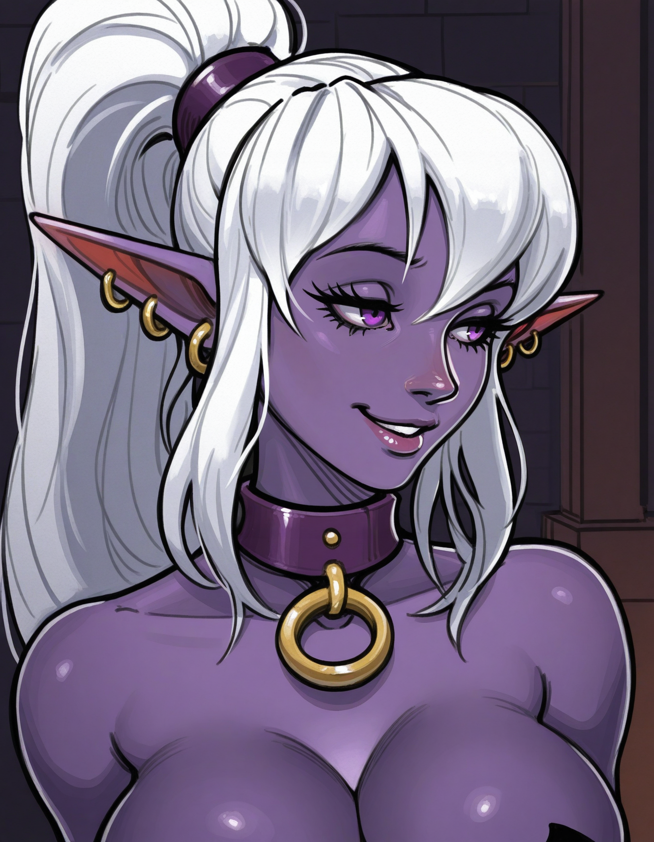 detailed, masterpiece, best quality, sketch, hatching \(texture\), 
collar,  
indoors, dark background, 
1girl, solo, portrait,  
 <lora:manaworld-syx-lilboots:1> xsyxx, white hair, long hair, ponytail, purple eyes, purple skin, collar, pointy ears, eyelashes, large breasts, earrings,