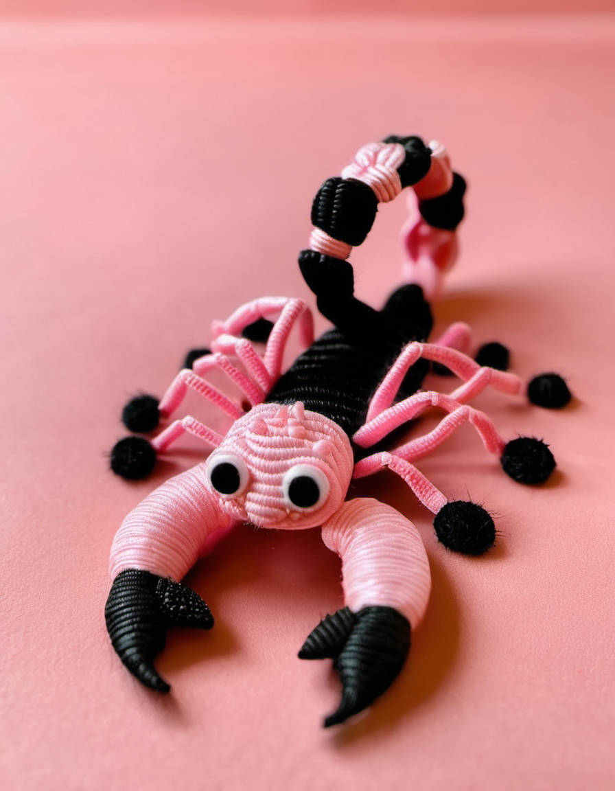(Realistic:1.5) EdobScorpion, pink background, food, creature, close-up, blurry, oversized animal, black pants, single braid, monster, circle, bow,  <lora:EdobScorpionArtistic_XL_v1.0:0.8>