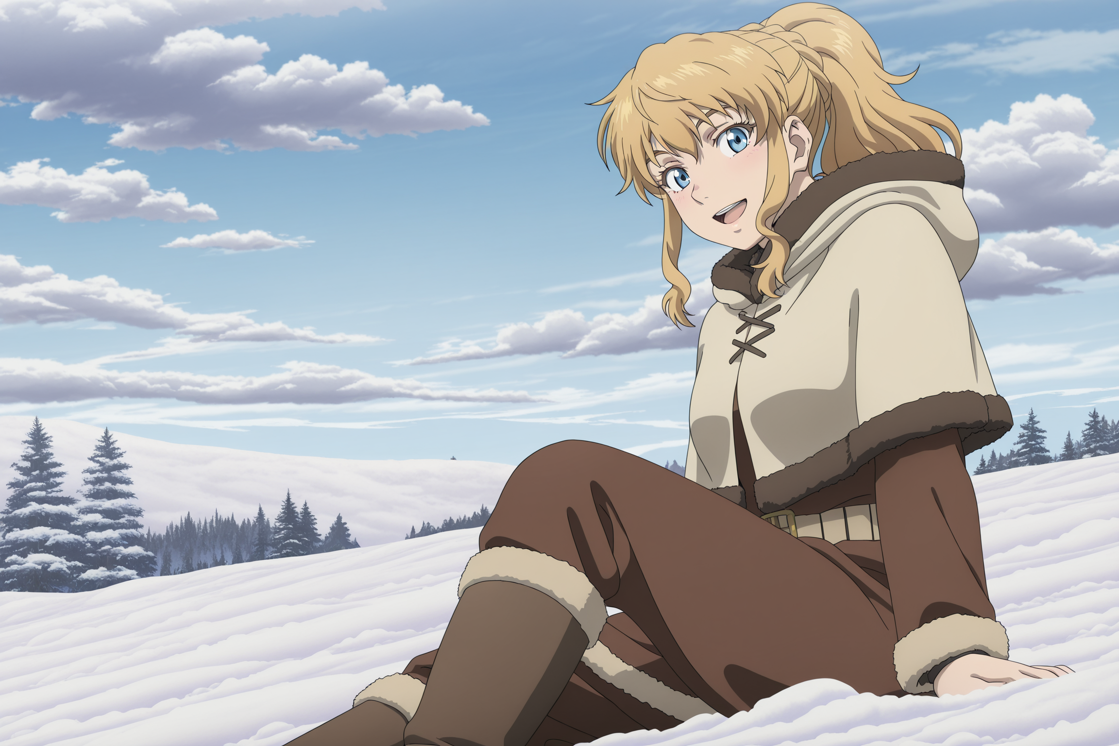anime coloring, anime screencap, masterpiece, best quality, amazing quality, detailed face,
sky, day, snow, clouds,
 <lora:Ylva_Vinland_Saga:.9>
 Ylva (season 1), 1girl, solo, blonde hair, boots, capelet, open mouth, blue sky, ponytail, looking at the viewer, smile