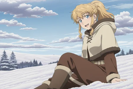 anime coloring, anime screencap, masterpiece, best quality, amazing quality, detailed face,
sky, day, snow, clouds,
<lora:Ylva_Vinland_Saga:.9>
Ylva (season 1), 1girl, solo, blonde hair, boots, capelet, open mouth, blue sky, ponytail, looking at the viewer, smile