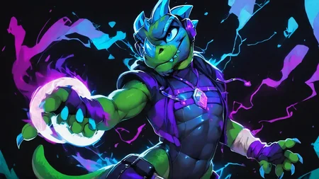 <lora:kabsraptorxl:0.94>,  source_furry, solo, vergence (kabscorner), desktop wallpaper, 1boy, solo, cowboy shot, green skin, skin tight, hoodie cords, necklace, green gem, pendant, leotard, exposed hips, harness, hoodie tied around waist, pants, (foreshortening, headphones:1.1), friendly, smile, fingerless gloves, bracers, exposed shoulders, detailed scale texture, from front, raptor, lizard, female, sexy, (wide hips), voluptuous, thick thighs, flat chest, curvy, lizard tail, glistening, scales, seductive, realistic detailed skin, portrait, upper body, dynamic pose, dutch angle, (green skin, green body), blue eyes, nose horn, blue horns, fangs, at night, dark atmosphere, dark atmosphere, black background,
score_9, score_8_up, score_7_up, <lora:incase---1:0.3>,, <lora:fortnitelsxl:0.8> fortnitelsxl, graphic novel, ink lined illustration, thick multicolored outline, aura, purple energy, multicolored background,  blue wisp, purple electric, <lora:paintsplashsdxl:0.4> paintsplashsdxl,  <lora:Manga_Action_Shot:0.8> action shot,  <lora:Realistic_2.5DAnime_Merge1:0.5>, <lora:g0th1cPXL:0.6> g0thicPXL, glowing, neon,  <lora:add-detail-xl:1.4>,  <lora:Perfect Hands:1> Perfect Hands