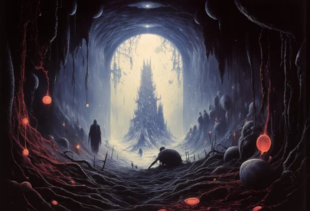 in the heartbeat of nothing,mirrors,candles,multiple reflections,veins,vessels,glow,silhouette,light particles,fog,deathstar,ectoplasm,gloomy,turbulence,claustrophobic,shimmer,bioluminescence,dark fantasy,horror theme,scary art,mysterious,dread,eerie, best quality,masterpiece, detailed, UHD, lots of fine detail,award-winning,vibrant,saturated,vibrant neon colors,painting,illustration,beyond-reality,visionary,surreal,disturbing,unusual,tragic,low angle,hdr,aesthetic,dreamcore
painted in high resolution,The artwork effectively conveys a sense of mystery, horror, and intense emotion.
Greg Rutkowski
Guillermo del toro
H.R.Giger
Zdzisław Beksiński,
Virgil Finlay
Marc Simonetti
Edvard Munch
Salvador Dali