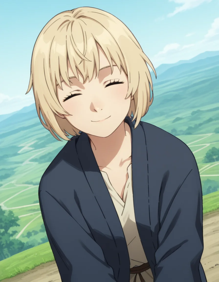 score_9, score_8_up, score_7_up, source_anime,
falintouden, <lora:falin-touden-s1-ponyxl-lora-nochekaiser:1>,
falin touden, short hair, blonde hair, closed eyes,
robe, long sleeves, open clothes,
outdoors, landscape, bent over, smile,
looking at viewer, solo, cowboy shot, dutch angle,