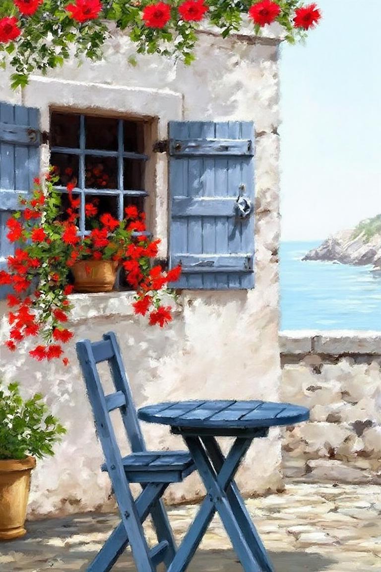 richardmacneil1 painting. 
A blue table and chair sit outside a stone wall with red flowers spilling from a window framed by blue shutters. The background shows the ocean and rocky cliffs. <lora:richardmacneil1_cap_d8a4e11:1.0><lora:853251694857870370:0>