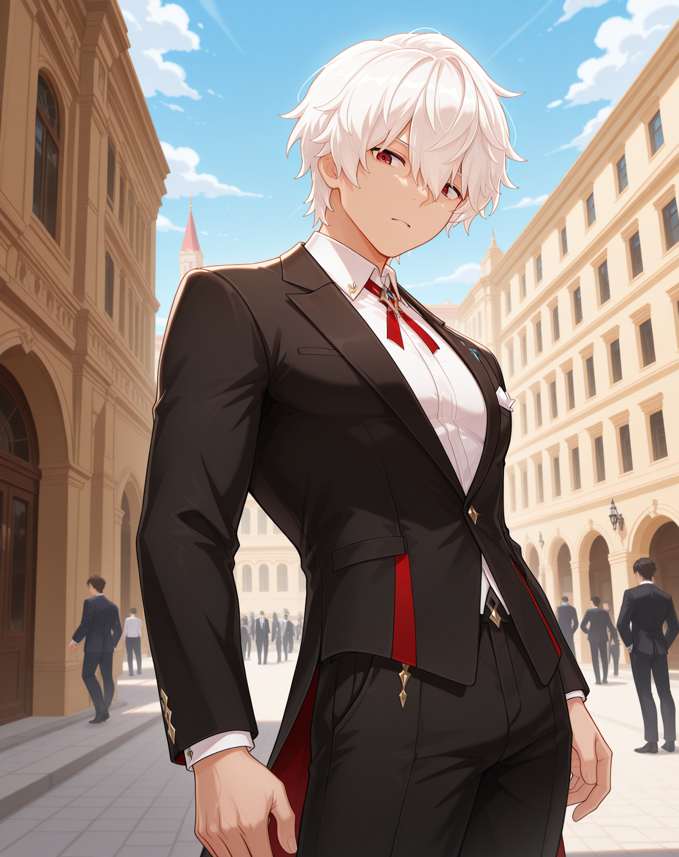 masterpiece,best quality,amazing quality, newest, very aesthetic, absurdres,
1boy, solo, yaoi, male focus, looking at viewer, cowboy shot, standing,
<lora:Elsword_Genesis_ilxl:1> elswordgn, white hair, red eyes, short hair, 
formal, tuxedo, neck ribbon, white shirt, collared shirt, black pants, shoes, black footwear, suit jacket, black jacket,
outdoors, day, blue sky, building, people,