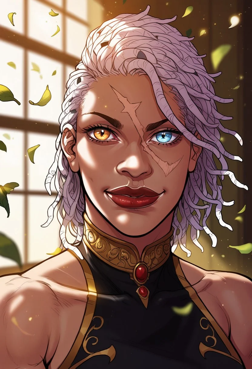 detailed face, detailed eyes, high resolution, intricate design, sharp edges, smooth, high detailed, god level, good proportions, detailed fingers, (masterpiece, best quality, ultra-detailed), (anime style, manhwa style:1.2)
...
(Andrea, 1girl, scar on face, scar across eye, white hair, dreadlocks. heterochromia, left orange eye, right blue eye, muscular female, mini black loin dress, single sleeve, black high heels, jewelry, lipstick, high heels, thigh lace, huge thighs)
...
looking at viewer, sitting on ground, front view, close up, (mid-range shot, upper body, from thighs up:1.2), hand on thigh, inclined
...
score_10, score_9, score_8, 1girl, solo, alone, cinematic, sketch
...
indoors, dynamic lighting, wind, leaves, (soft lighting, dramatic shadows), (sharp focus, depth of field), (cinematic lighting:1.3), ( mystical aura), ethereal light rays, warm glow, realistic shading, night