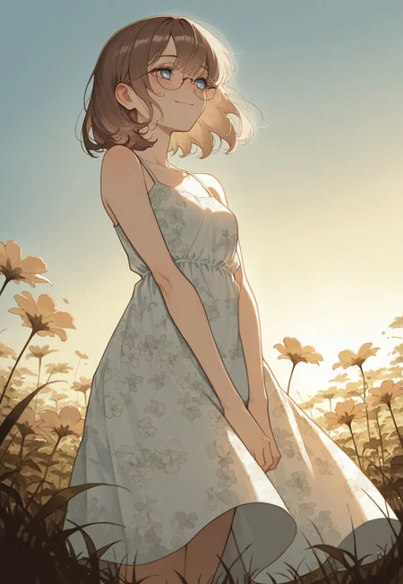 Solo, ethereal, detailed, halfturned, melancholic,  backlight, from below, 

mute colors, 
Outside, morning, meadow, 

blush, smile, looking afar, v_arms, 


1girl, blue eyes, round_glasses, medium brown hair,  small breasts,  sundress, flower pattern, 

masterpiece, best quality,  very aesthetic, absurdres, newest, 