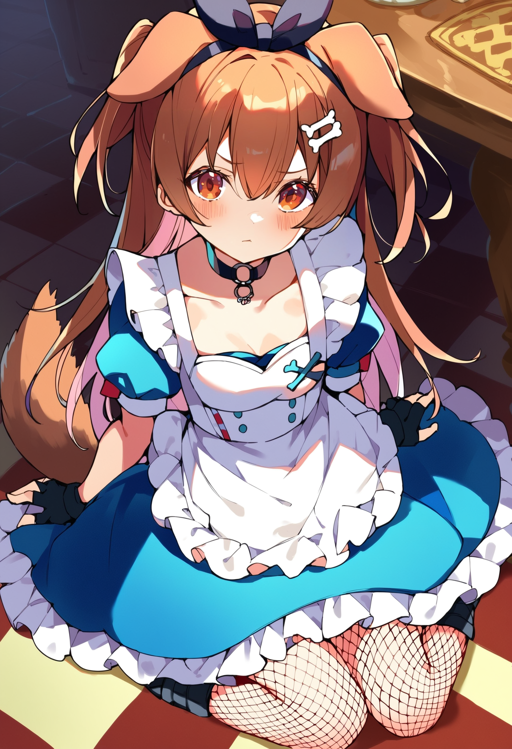 score_9, score_8_up, score_7_up, score_6_up, source anime,
<lora:inugami_korone_v1:1> inugami korone, 1girl, bone hair ornament, solo, dog girl, dog ears, dog tail, hair between eyes,
inugami korone wonderland, fingerless gloves, fishnet pantyhose, o-ring choker, x hair ornament, blue dress, black footwear, white apron, bow hairband, two side up, black hairband, short sleeves, hair ribbon, frilled apron, puffy sleeves,
looking at viewer, blush, closed mouth,
sitting, wariza,
indoors, checkered floor, alice in wonderland,