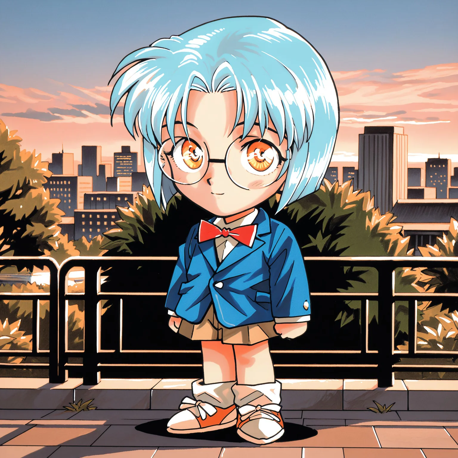 (masterpiece, best quality:1.2), amazing quality, very aesthetic, absurdres, perfect detail, 1990s \(style\),
city, park, building background, morning, full body,
standing, arms at side, light smile, looking at viewer,
chibi, tavia, blue hair, bangs, short hair, glasses, orange eyes, round eyewear, edogawa conan \(cosplay\), red bowtie,
<lora:XL_Ill_game-Gunbird2-tavia-t3:1.2>