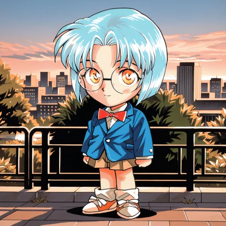 (masterpiece, best quality:1.2), amazing quality, very aesthetic, absurdres, perfect detail, 1990s \(style\),
city, park, building background, morning, full body,
standing, arms at side, light smile, looking at viewer, 
chibi, tavia, blue hair, bangs, short hair, glasses, orange eyes, round eyewear, edogawa conan \(cosplay\), red bowtie,
<lora:XL_Ill_game-Gunbird2-tavia-t3:1.2>