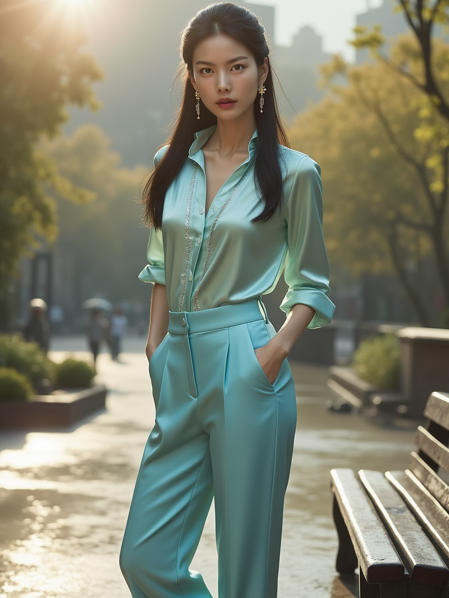 [12]Realistic photograph, A 20-year-old elegant and sophisticated Japanese woman is wearing a luxury silk blouse and high-waisted pants. The pastel-toned blouse features metallic details, and the pants fall neatly just above the ankles. She pairs black stiletto heels with a designer mini bag, accessorized with diamond earrings of chanel logo and a slim gold watch. Her look is completed with natural dark long hair, exuding refined city style. full body, looking at viewer, upper body, leg open, standing, rainy playgroun, sittting,