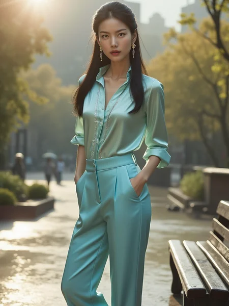[12]Realistic photograph, A 20-year-old elegant and sophisticated Japanese woman is wearing a luxury silk blouse and high-waisted pants. The pastel-toned blouse features metallic details, and the pants fall neatly just above the ankles. She pairs black stiletto heels with a designer mini bag, accessorized with diamond earrings of chanel logo and a slim gold watch. Her look is completed with natural dark long hair, exuding refined city style. full body, looking at viewer, upper body, leg open, standing, rainy playgroun, sittting,