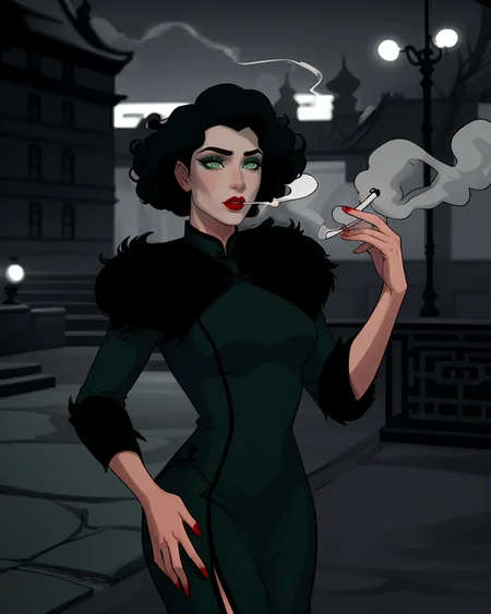 A very beautiful and fancy woman smoking a cigarette, short curly hair, noir (theme), light green eyes, red lipstick, long eyelashes, makeup, fur trim dress, small breasts, china dress, grayscale, monochrome, solo <lora:legendOfKorraStyle-000018:0.75>
