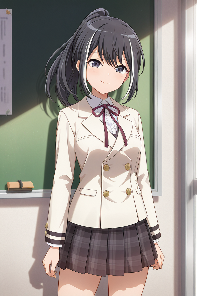 masterpiece, best quality, amazing quality,
 <lora:Kuina_IL:1> kuina, 1girl, solo, skirt, black hair, school uniform, plaid skirt, buttons, jacket, plaid, looking at viewer, miniskirt, neck ribbon, streaked hair, cowboy shot, pleated skirt, ponytail, multicolored hair, long sleeves, arms at sides, shirt, bangs, ribbon, collared shirt, smile