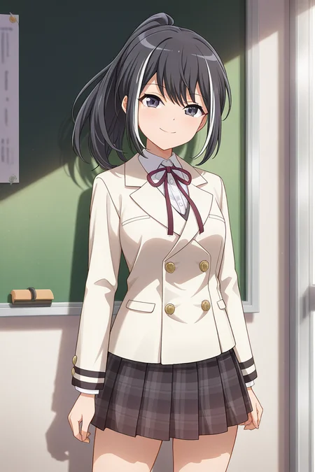 masterpiece, best quality, amazing quality,
<lora:Kuina_IL:1> kuina, 1girl, solo, skirt, black hair, school uniform, plaid skirt, buttons, jacket, plaid, looking at viewer, miniskirt, neck ribbon, streaked hair, cowboy shot, pleated skirt, ponytail, multicolored hair, long sleeves, arms at sides, shirt, bangs, ribbon, collared shirt, smile