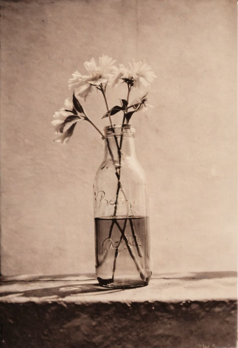 lith_agfabrovira_BH21, instagram photo,a bottle with a flower, hard shadows, film grain