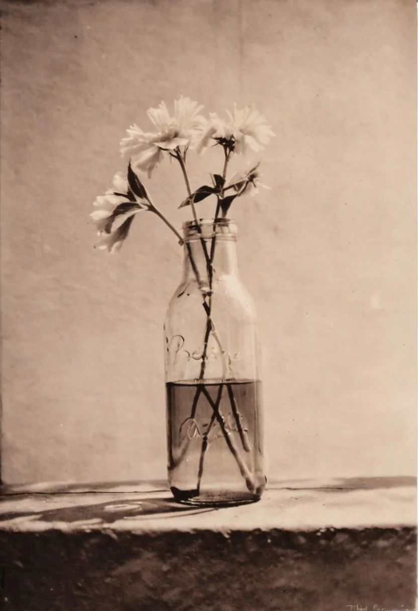 lith_agfabrovira_BH21, instagram photo,a bottle with a flower, hard shadows, film grain